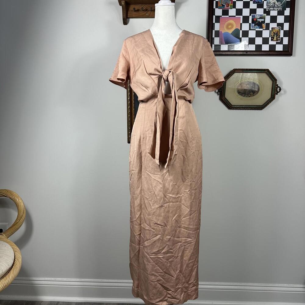 NWT Reiss Iona Dress - Pink/Tan Midi Short Sleeve Linen Blend Dress w/ Cut Outs - Picture 5 of 9